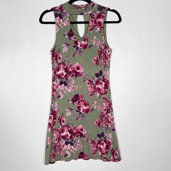 Francescas Alya XS Sage Green Pink Red Floral Keyhole Knit Dress Summer ALine - Picture 1 of 9